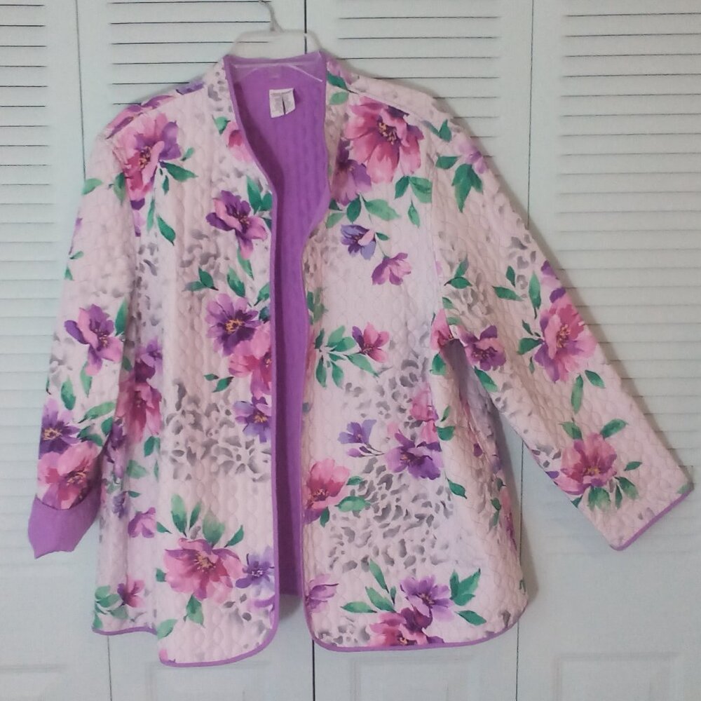 ALFRED DUNNER 22W REVERSIBLE JACKET QUILTED FLORAL LAVENDER PINK ROLL UP CUFFS